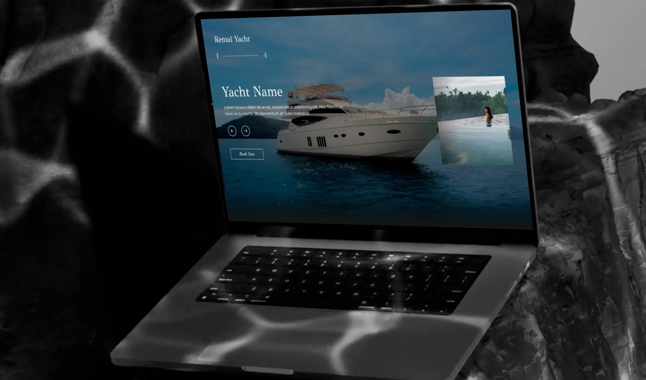 Mykonos Hospitality Group concierge website: the yacht charter page on a laptop