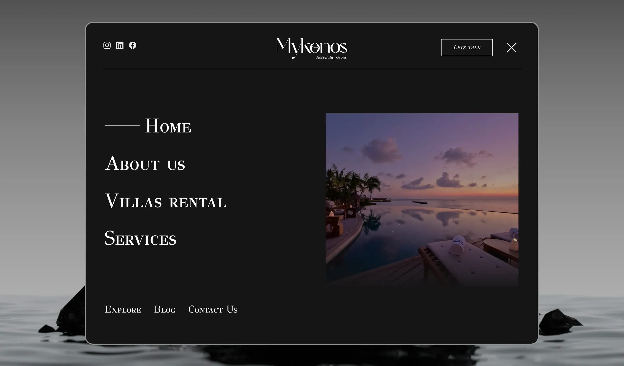 Mykonos Hospitality luxury villa rental website design: calm navigation